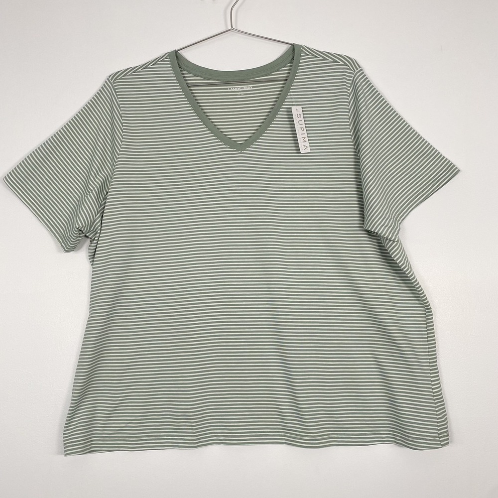 NWT Lands' End TShirt Womens 2X Green Stripe Short Sleeve V Neck Supima Cotton